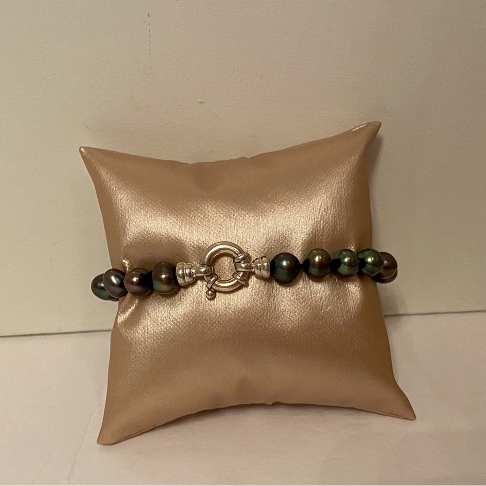 BRACELET BEADS GRAY PEACOCK FRESHWATER PEARLS STERLING SILVER 925 CLASP 7.5” - Picture 6 of 9